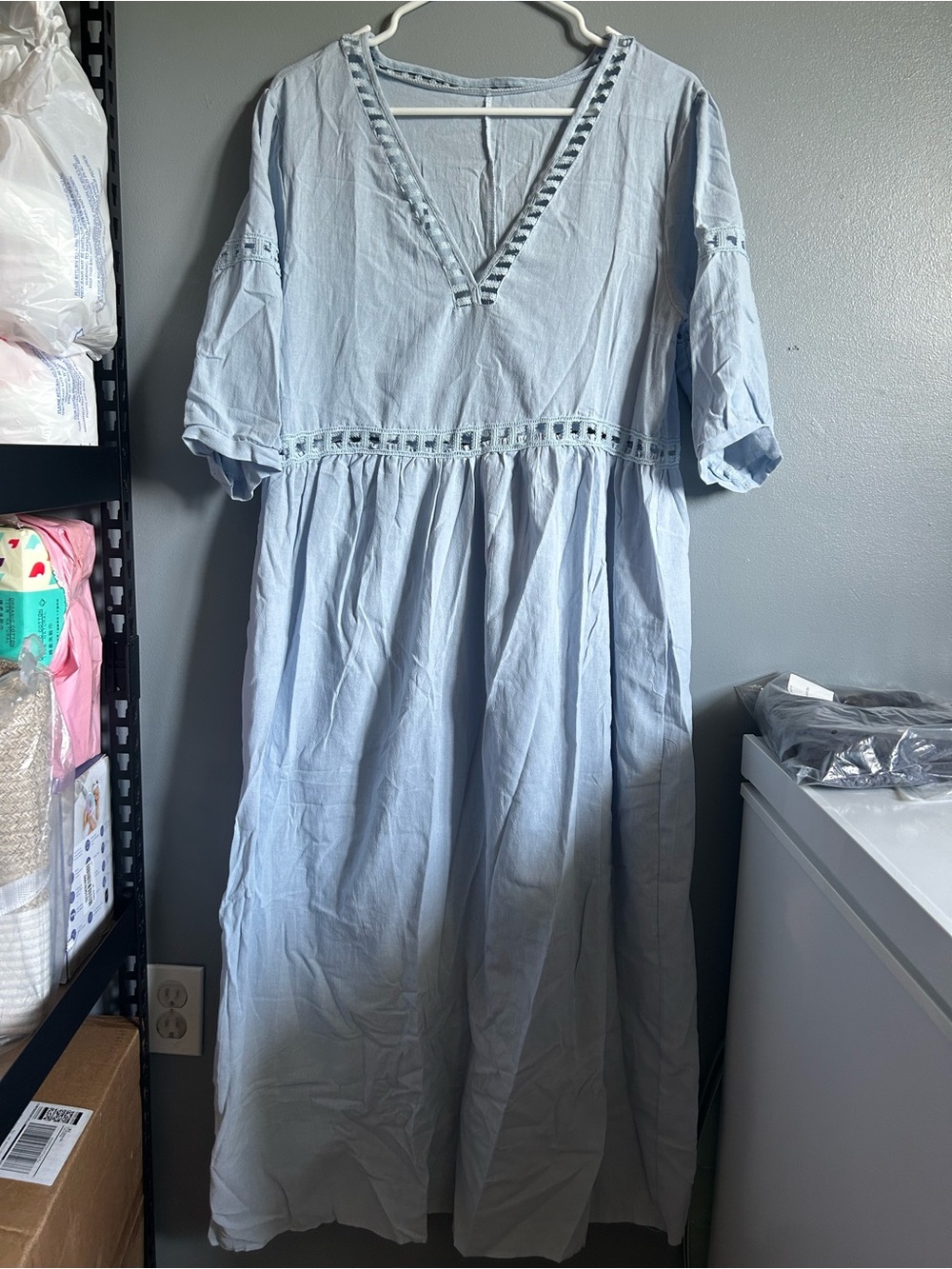 Light Blue V-Neck Midi Dress with Eyelet Details - Picture 2 of 4